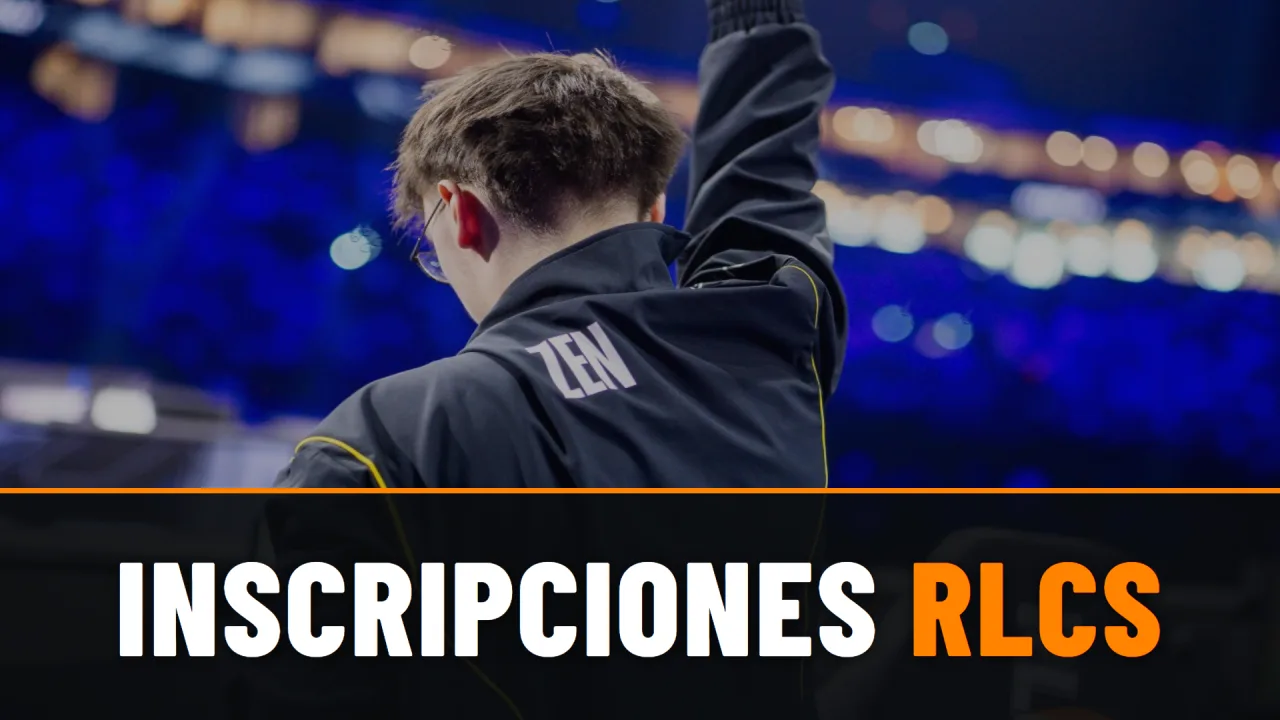 Zen, de Team Vitality, de espaldas y con el brazo en alto ante el público de una arena de la RLCS, con el texto Inscripciones RLCS sobre una banda negra