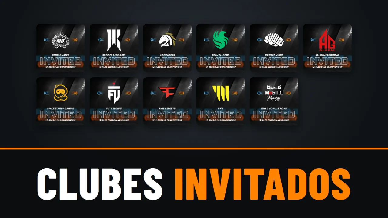 Tarjetas oficiales de los 11 clubes invitados al RLCS Club Championship sobre el texto Clubes invitados