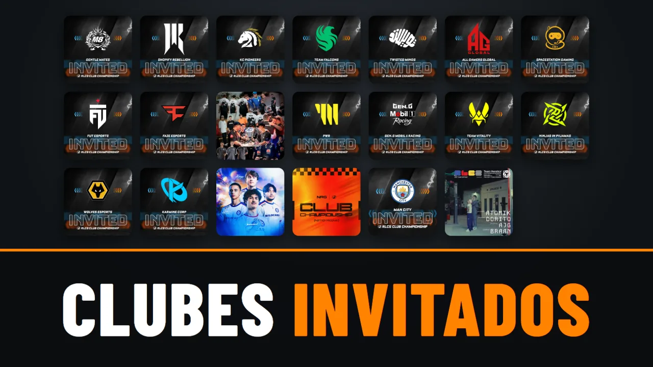 Tarjetas e imágenes oficiales de los 20 clubes invitados al RLCS Club Championship sobre el texto Clubes invitados