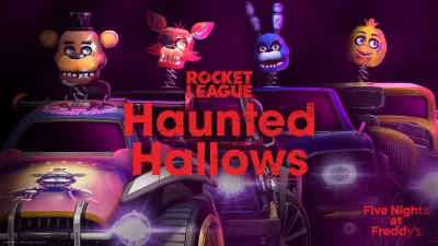 Las cabezas de Freddy Fazbear, Foxy, Bonnie y Chica sobre coches de Rocket League, con el logo de Haunted Hallows