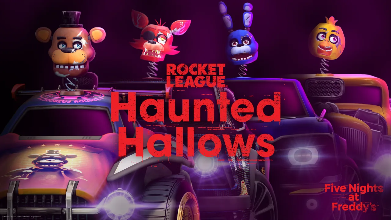 Las cabezas de Freddy Fazbear, Foxy, Bonnie y Chica sobre coches de Rocket League, con el logo de Haunted Hallows