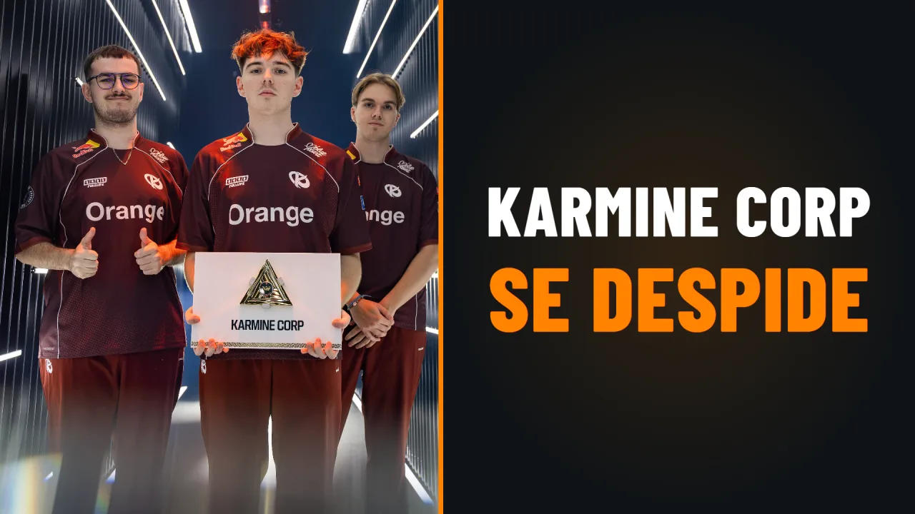 Juicy, Vatira y Atow posan con la camiseta de Karmine Corp en la Esports World Cup 2026; al lado, el texto Karmine Corp se despide