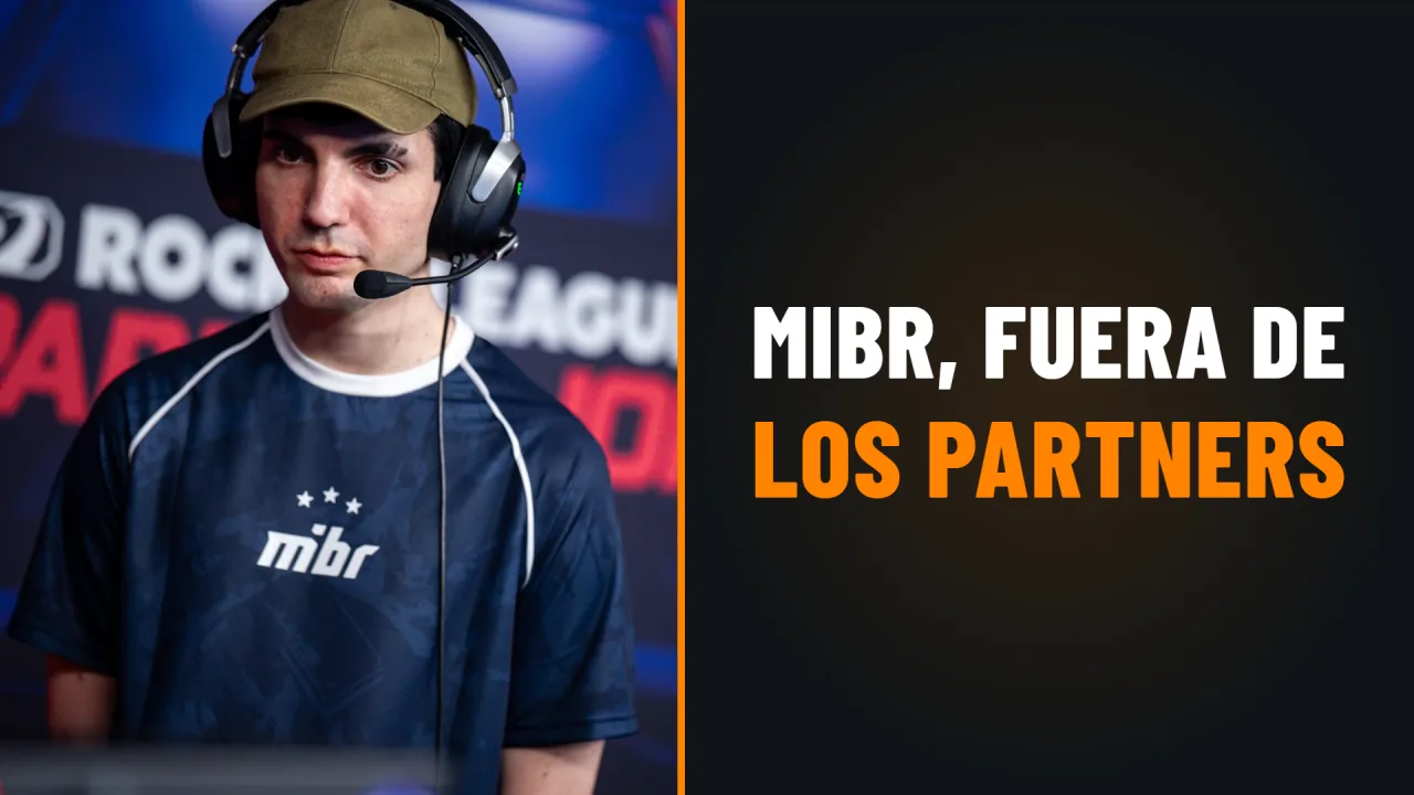 Pekitas, entrenador de MIBR, con gorra y auriculares en el escenario del Paris Major; al lado, el texto MIBR, fuera de los partners