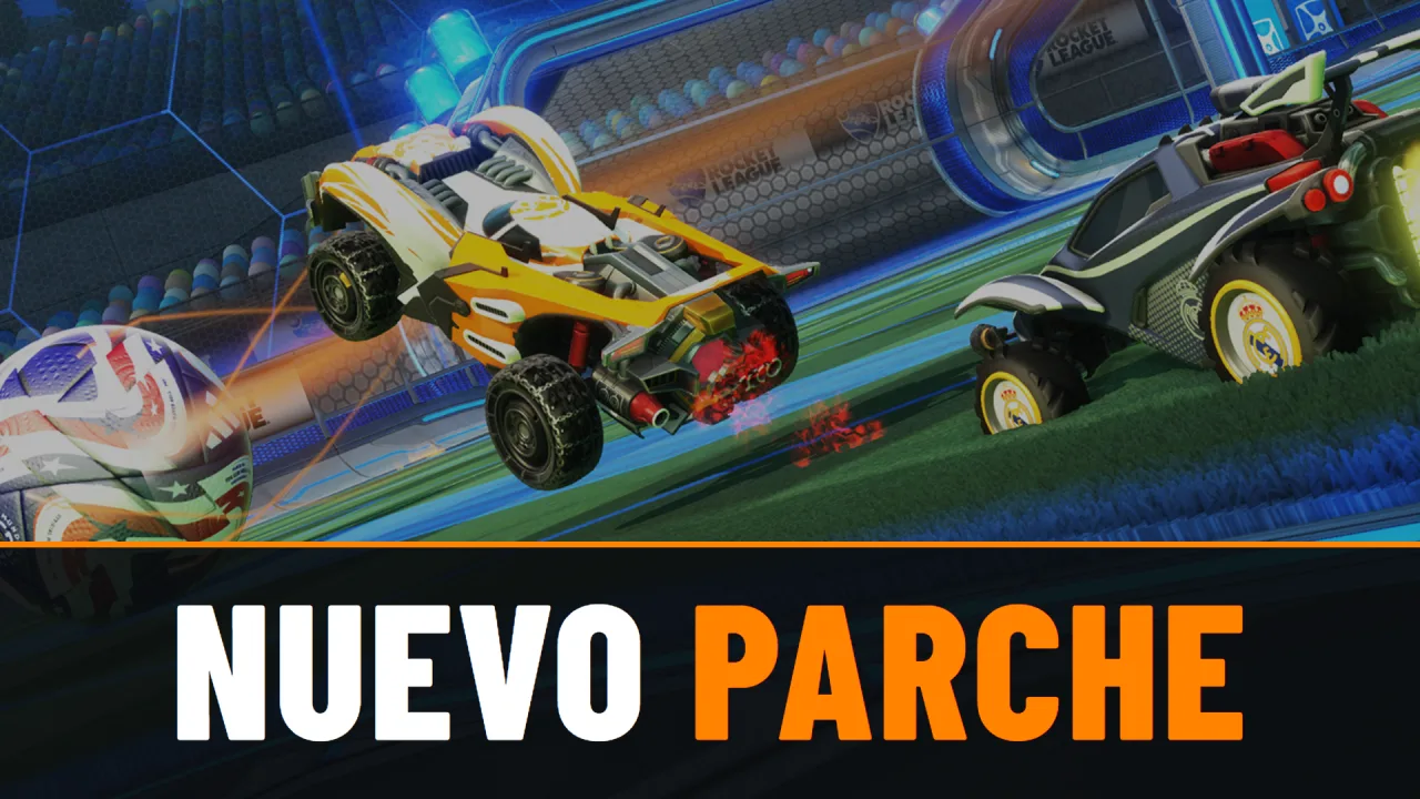 Dos coches de Rocket League disputan el balón en una arena, con el texto Nuevo parche sobre una banda negra
