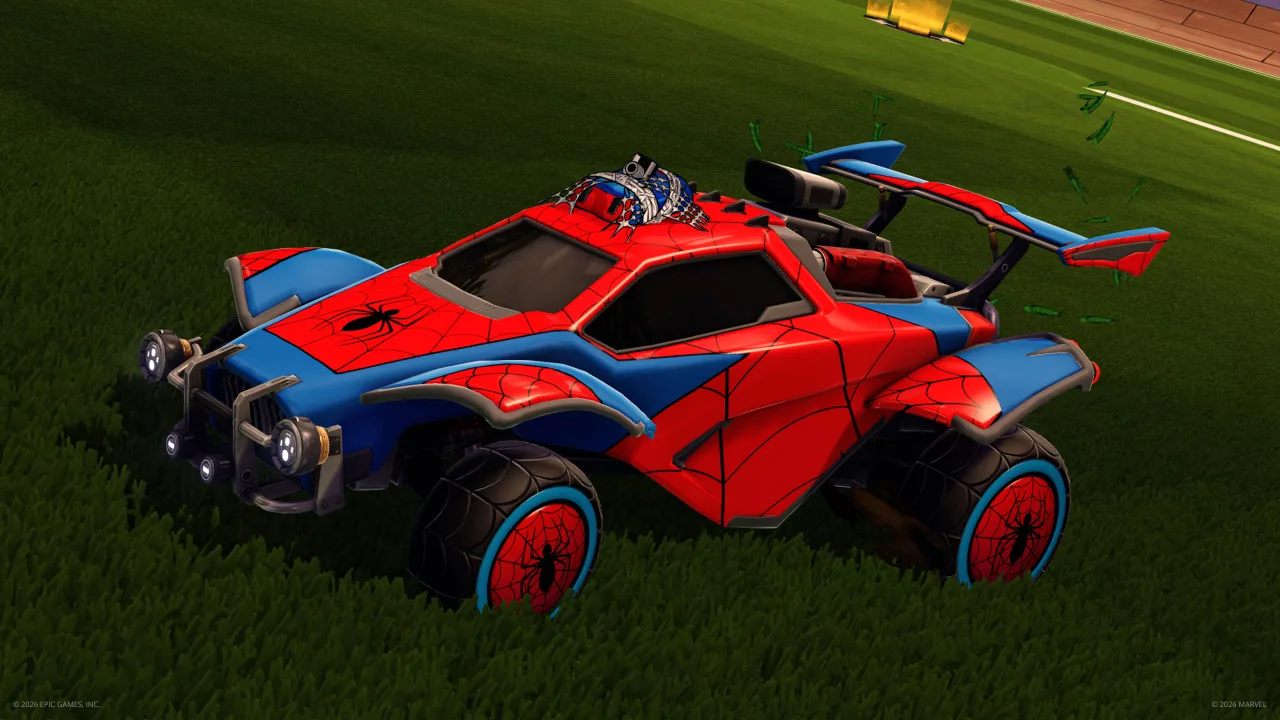 Un Octane con la calcomanía clásica de Spider-Man, ruedas de araña y un topper sobre el techo