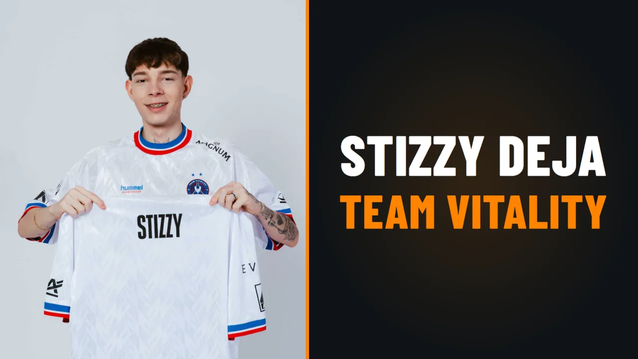 Stizzy posa con la camiseta blanca de Team Vitality con su nombre; al lado, el texto Stizzy deja Team Vitality