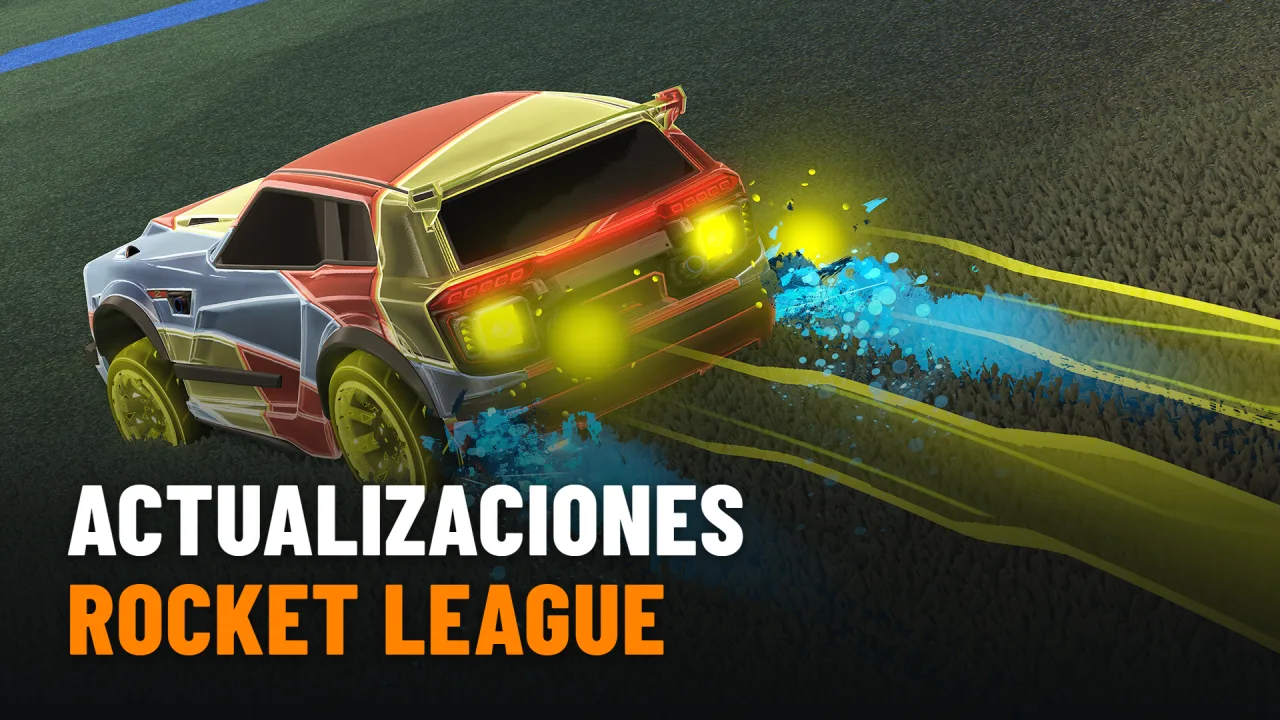 Un coche de Rocket League con estela de boost sobre el césped, con el texto Actualizaciones Rocket League