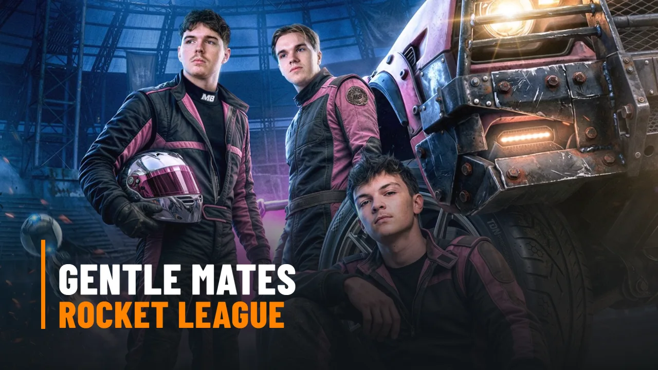 Vatira, Atow y Zen con los monos de piloto de Gentle Mates en el cartel del anuncio, con el texto Gentle Mates Rocket League