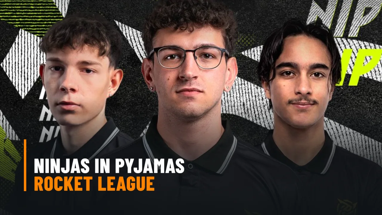 cRR, Stizzy y Prozy con el polo negro de Ninjas in Pyjamas en la imagen del anuncio, con el texto Ninjas in Pyjamas Rocket League
